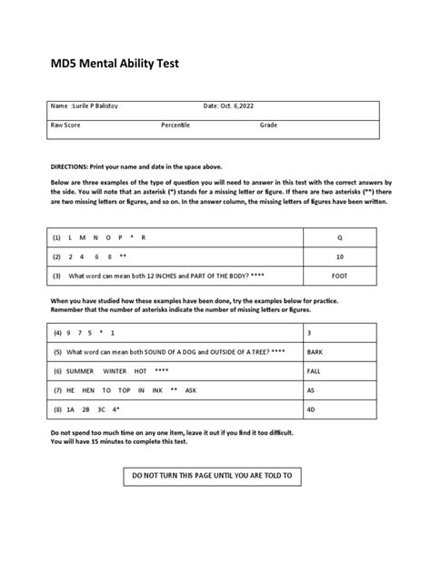 MD5 Mental Ability Test Answer Sheet .